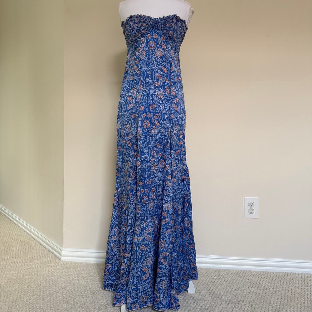Poupette St Barth 100% Silk Strapless Smocked Maxi Dress Blue Floral Batik S